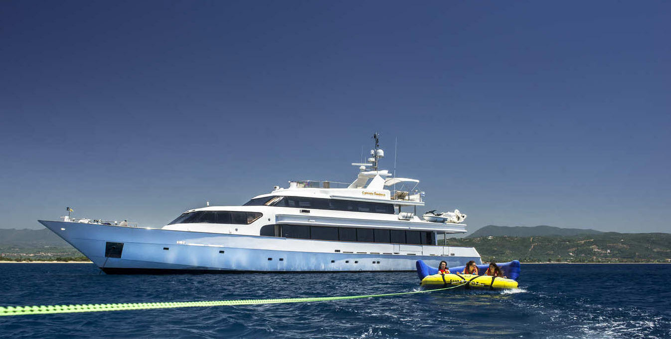 140 superyacht at anchor with water toys