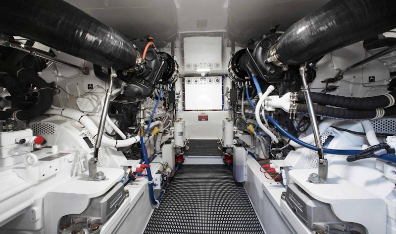 engine room of hatteras gt59 sportfishing boat