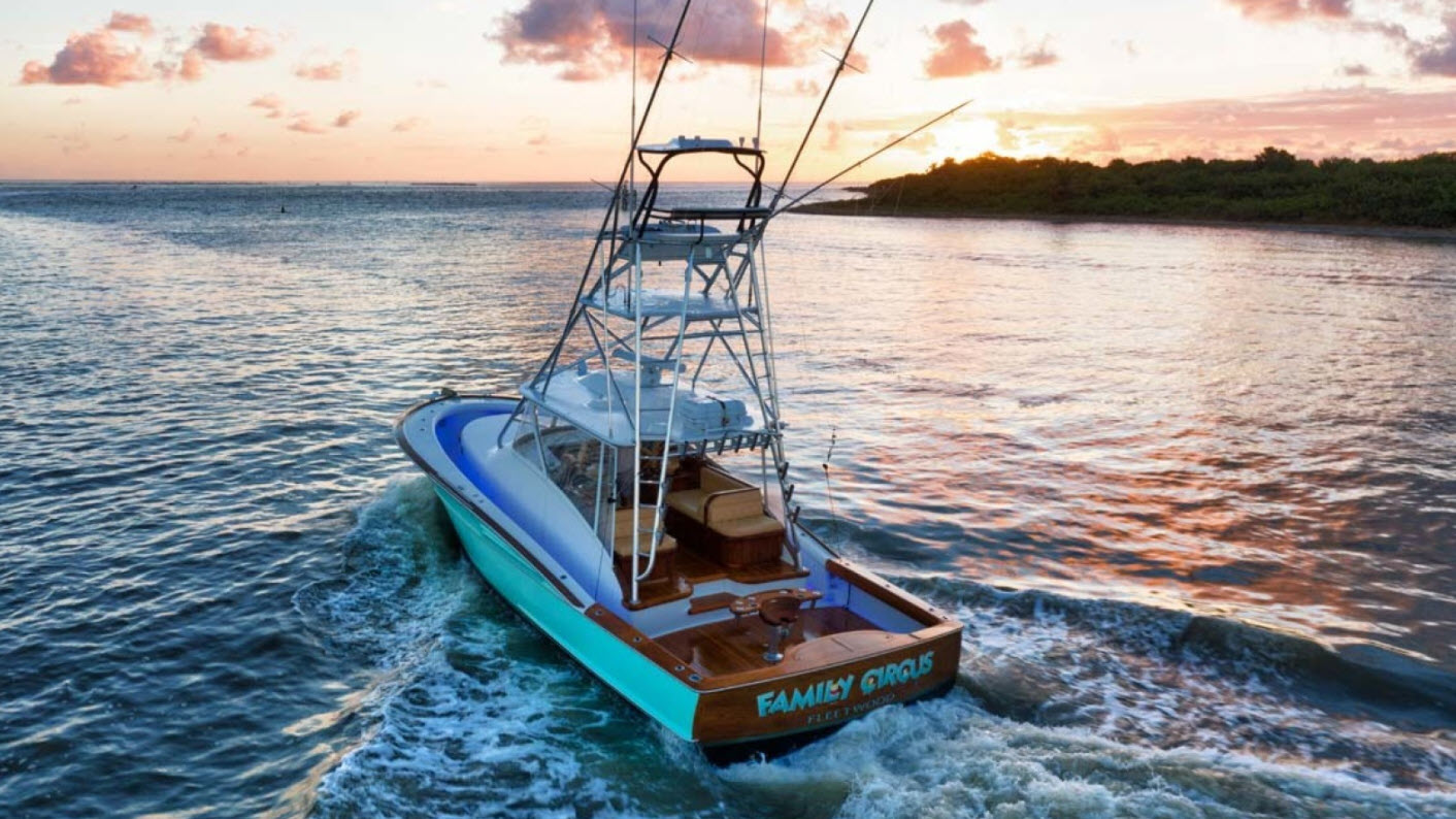 winter 46 custom sportfishing boat at sunset